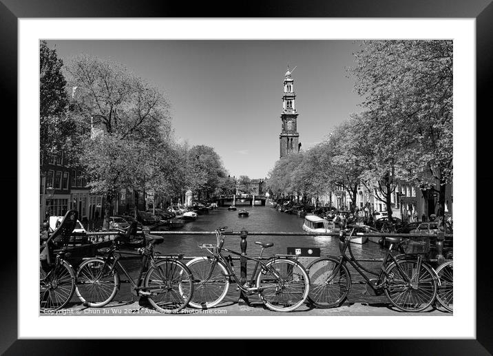 Bikes on the bridge that crosses the canal in Amsterdam, Netherlands (black & white) Framed Mounted Print by Chun Ju Wu