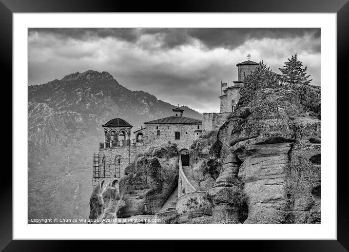 Landscape of monastery in Meteora (black & white) Framed Mounted Print by Chun Ju Wu