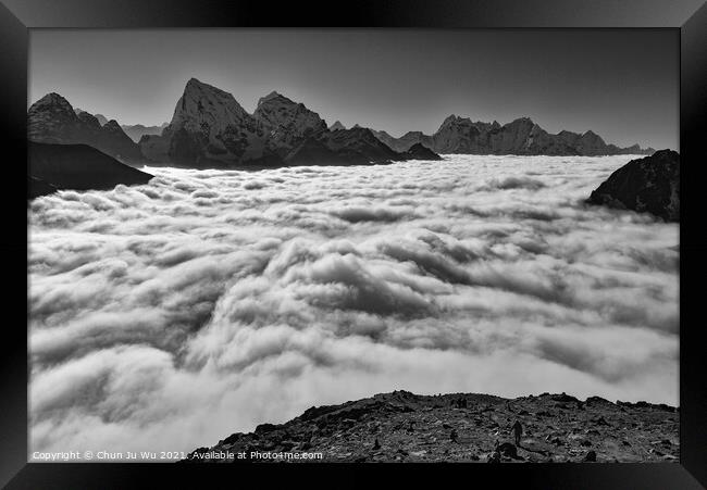 Sea of clouds and snow mountains in Nepal (black & white) Framed Print by Chun Ju Wu