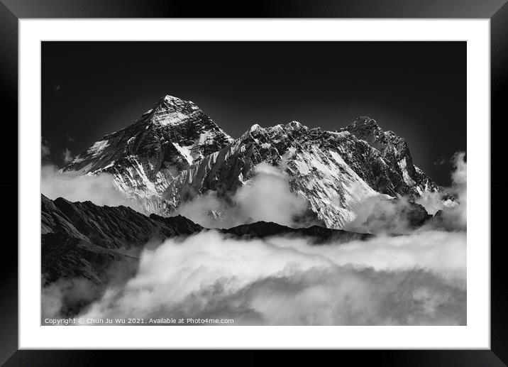 Mount Everest, the highest mountain in the world, of Himalayas in Nepal (black and white) Framed Mounted Print by Chun Ju Wu