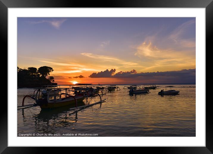Sunset at Mushroom Beach with boats on the sea, Lembongan, Bali, Indonesia Framed Mounted Print by Chun Ju Wu