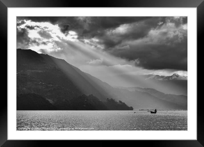 Heaven light at Fewa Lake, Pokhara, Nepal (black and white) Framed Mounted Print by Chun Ju Wu