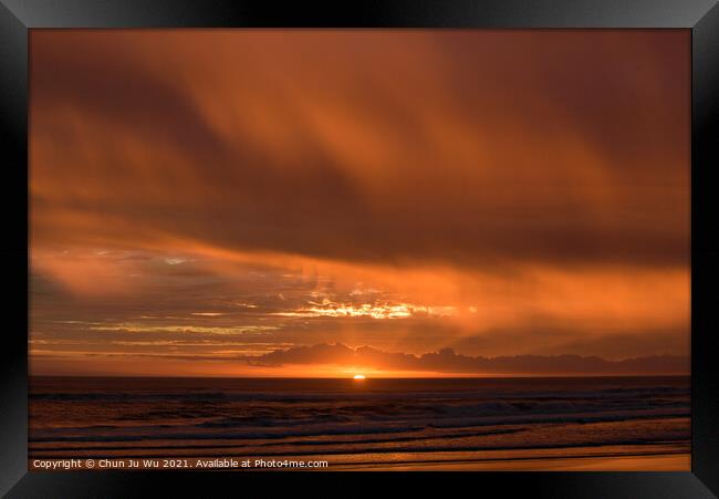 Muriwai Beach at sunset time with colorful clouds, New Zealand Framed Print by Chun Ju Wu