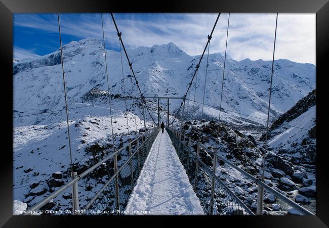 Walk on suspension bridge, Hooker Valley Track in winter, Mt Cook National Park, New Zealand Framed Print by Chun Ju Wu
