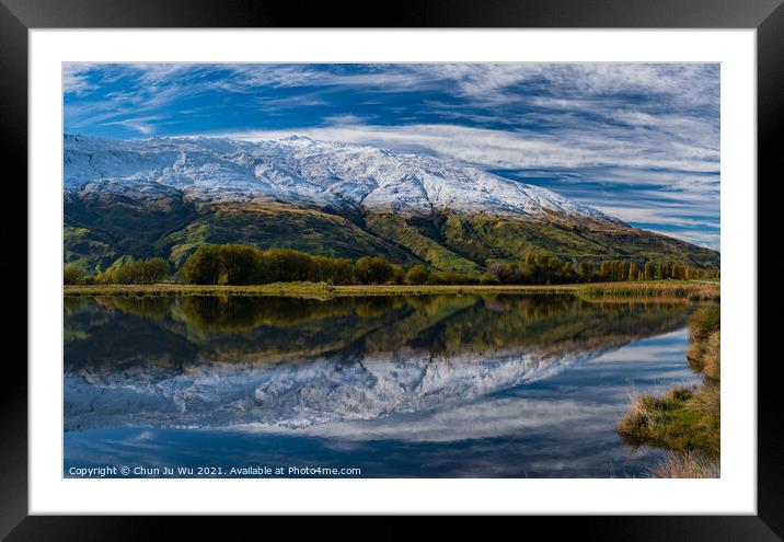 Snow mountains and reflection on lake in South Island, New Zealand Framed Mounted Print by Chun Ju Wu
