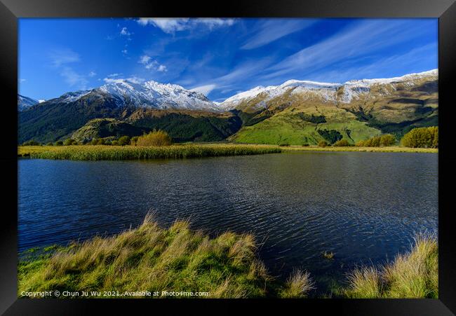 Lake with snow mountains in South Island, New Zealand Framed Print by Chun Ju Wu