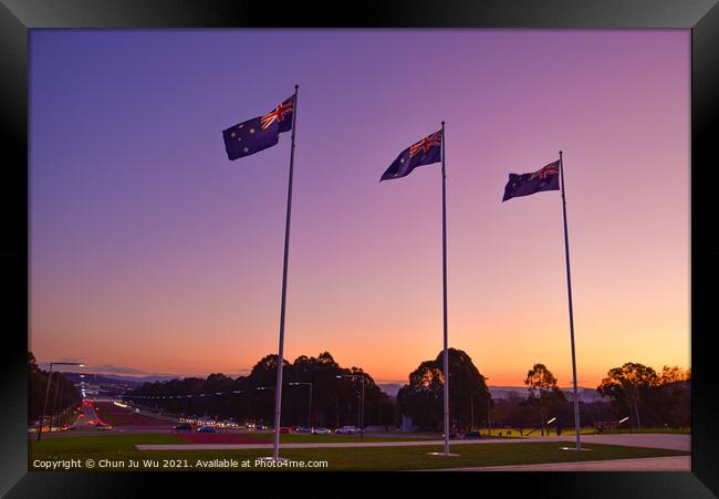 Australian national flags at sunset time in Canberra, Australia Framed Print by Chun Ju Wu