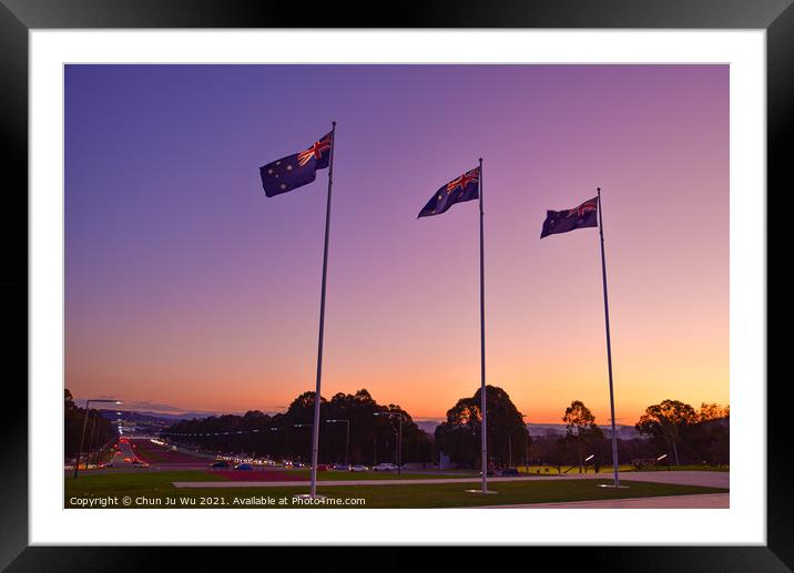 Australian national flags at sunset time in Canberra, Australia Framed Mounted Print by Chun Ju Wu