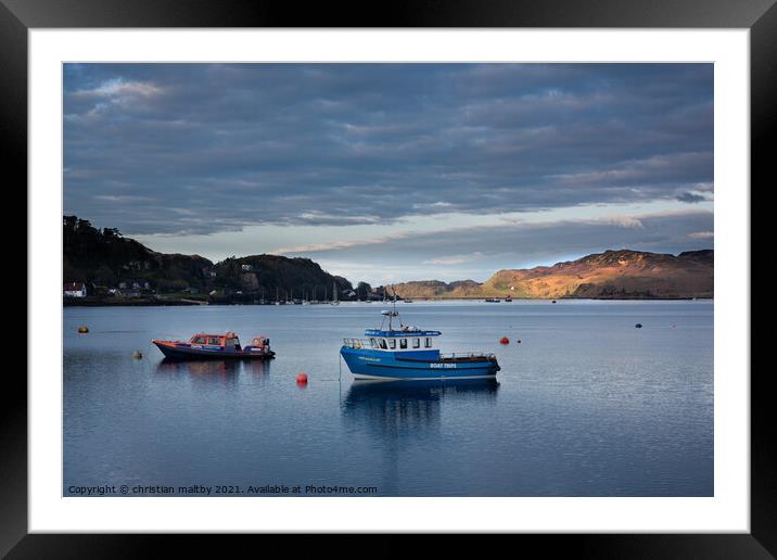 Boats  in Oban harbour sunrise Scotland Framed Mounted Print by christian maltby