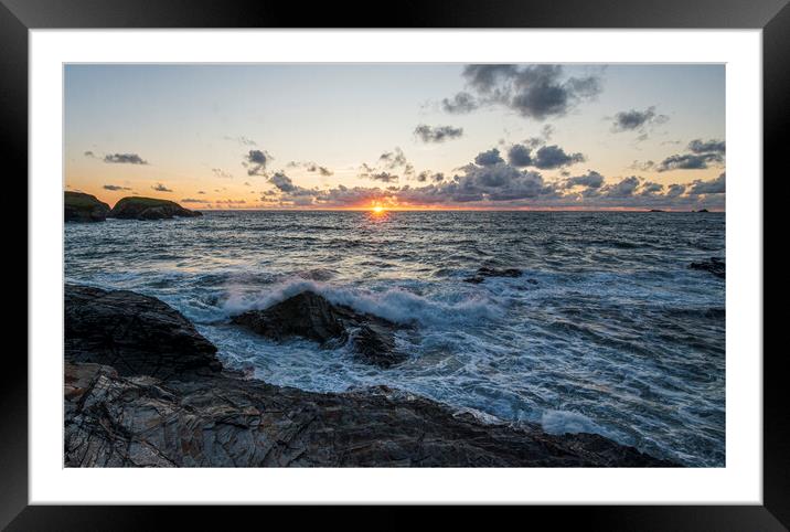 Sunset and Waves in Cornwall Framed Mounted Print by Frank Farrell
