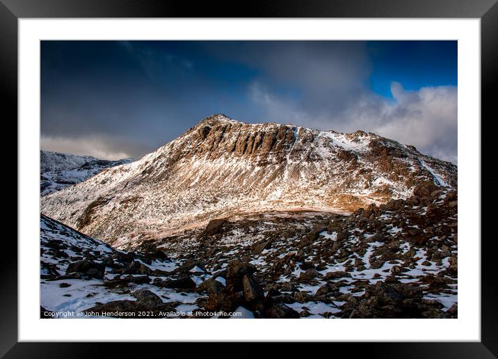 Bowfell in winter colours. Framed Mounted Print by John Henderson