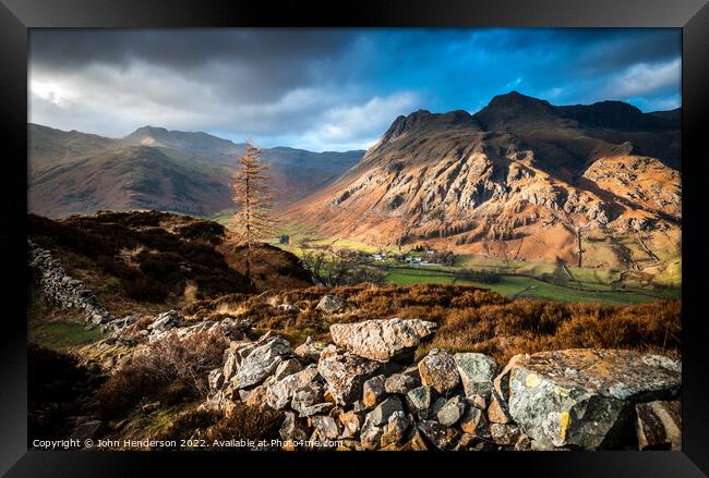 Langdale valley on a snowless February day. Framed Print by John Henderson