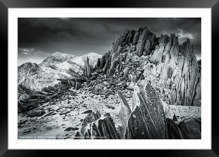 Snowdonia and the Glyder mountains black and white Framed Mounted Print by John Henderson