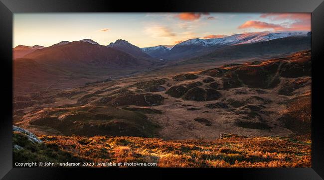 Ogwen valley sunset panorama Framed Print by John Henderson
