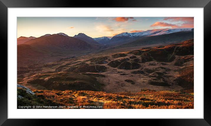 Ogwen valley sunset panorama Framed Mounted Print by John Henderson