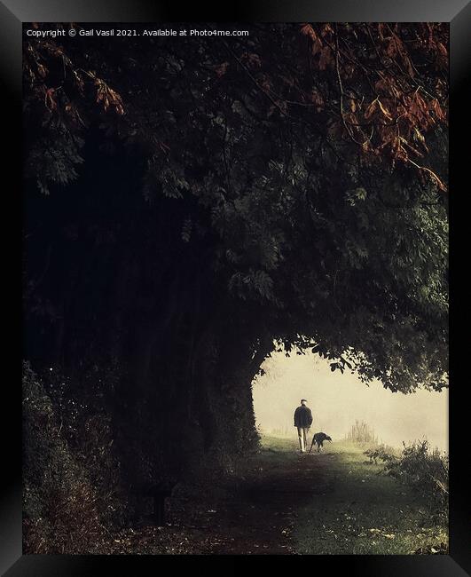  Old Man Walking Dog Framed Print by Gail Vasil