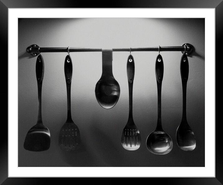Kitchen utensils in black and white  Framed Mounted Print by Michael bryant Tiptopimage