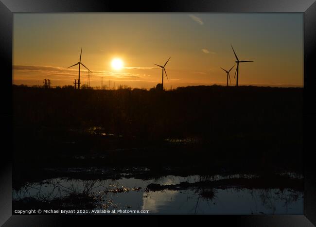 Sunset on a wind farm Framed Print by Michael bryant Tiptopimage
