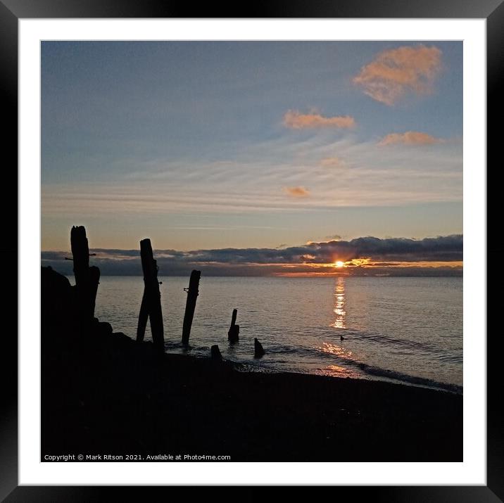 Groyne posts at Sunset Framed Mounted Print by Mark Ritson