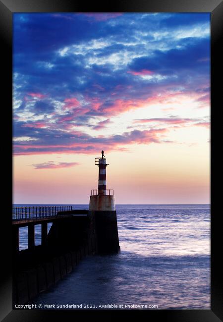 Amble Harbour Light at Sunrise Framed Print by Mark Sunderland