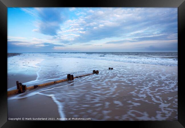 Groynes and Receding Tide on Alnmouth Beach at Dusk Framed Print by Mark Sunderland