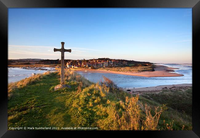 St Cuthberts Cross on Church Hill and Alnmouth at Sunset Framed Print by Mark Sunderland