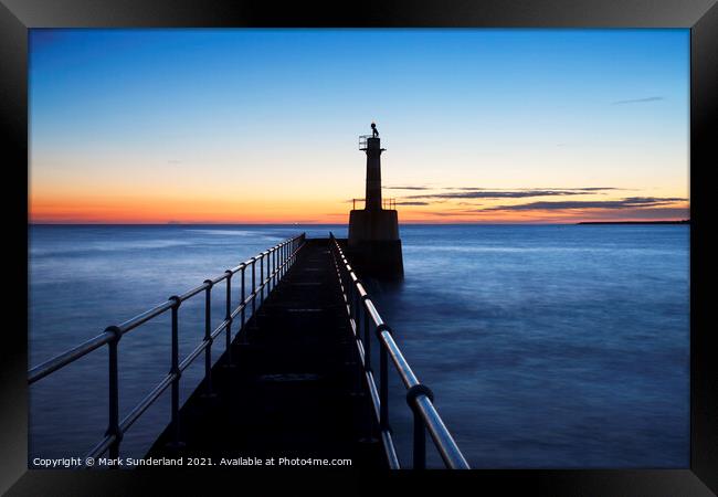 Harbour Light Silhouette against Dawn Sky Framed Print by Mark Sunderland