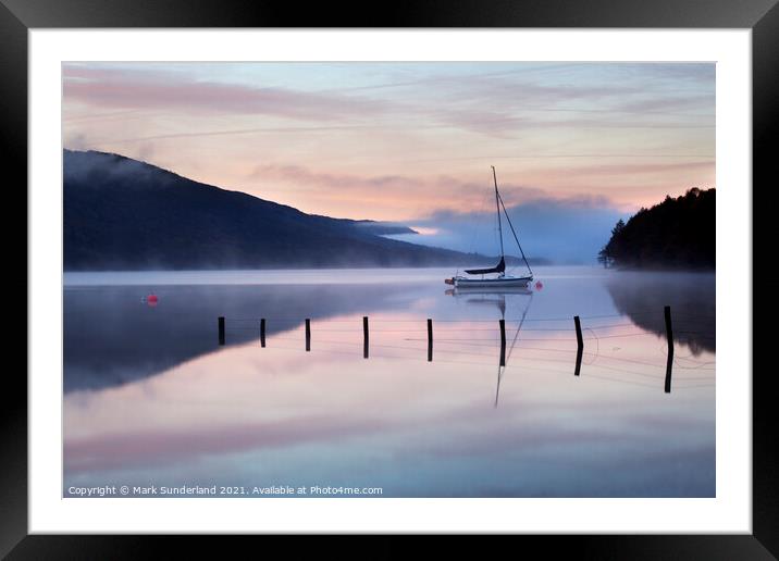 Yacht Moored on Coniston Water at Dawn Framed Mounted Print by Mark Sunderland