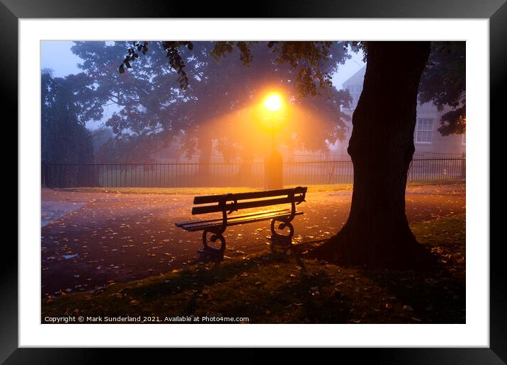 Park Bench under a Tree on a Misty Morning Framed Mounted Print by Mark Sunderland