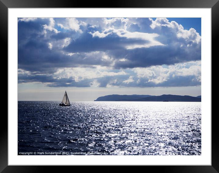 Yacht and Sunlight reflecting off the Sea Framed Mounted Print by Mark Sunderland