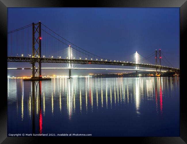 Forth Road Bridges at Dusk South Queensferry Framed Print by Mark Sunderland