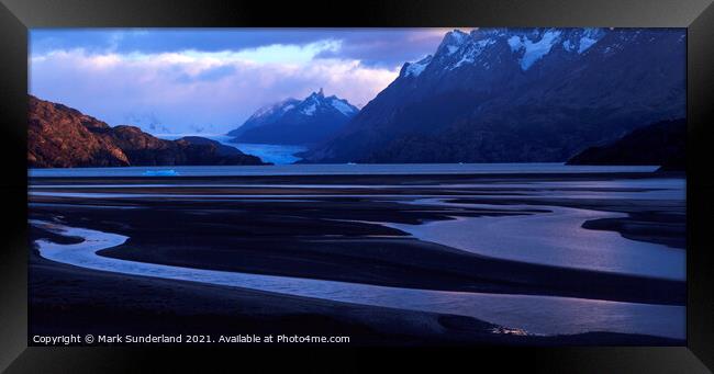 Lago Grey at Sunrise Torres del Paine Framed Print by Mark Sunderland