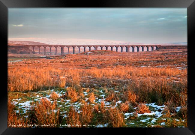 The Ribblehead Viaduct at Sunset in Winter Framed Print by Mark Sunderland