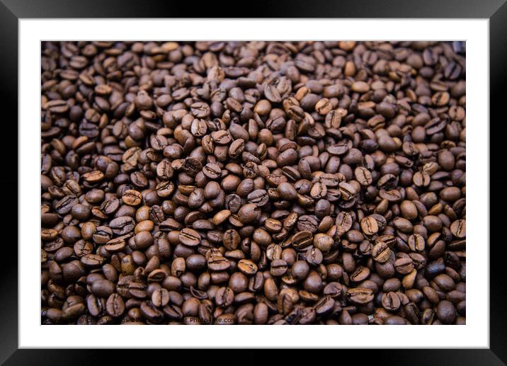 top view of fresh roasted coffee beans background. Background of roasted coffee beans	 Framed Mounted Print by Emils Vanags