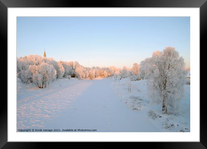 fields and forests, and a frozen river covered with snow by winter frost. empty countryside	 Framed Mounted Print by Emils Vanags
