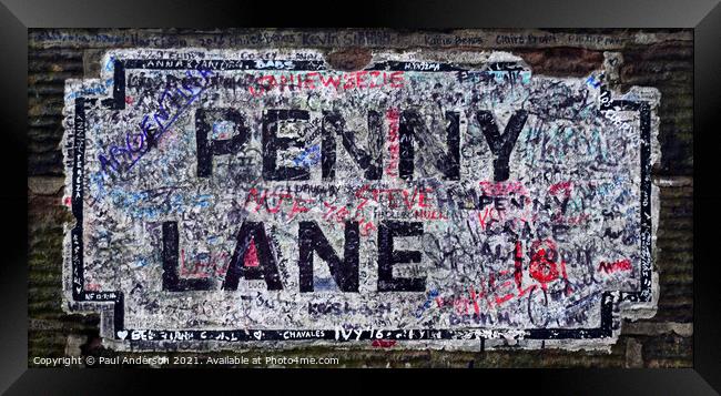 Penny Lane L18 old street sign Framed Print by Paul Anderson