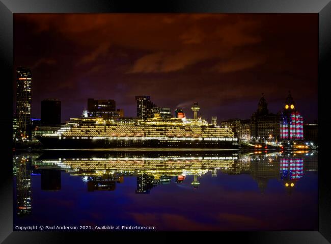 Queen Elizabeth at night, at Liverpool waterfront Framed Print by Paul Anderson