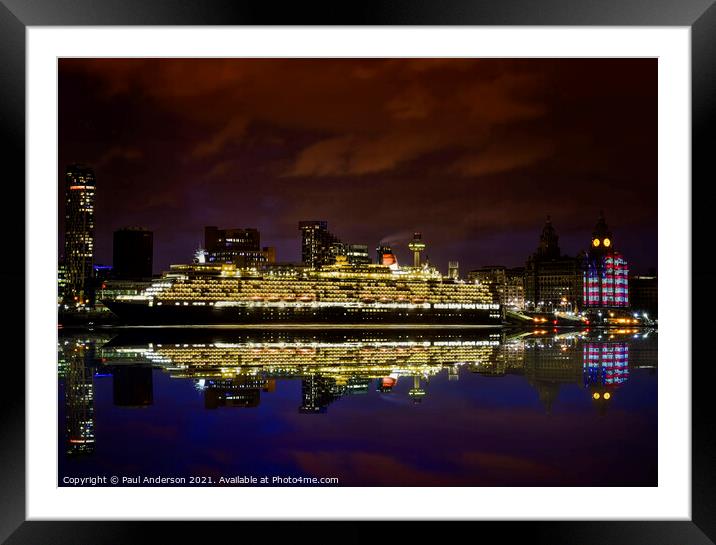 Queen Elizabeth at night, at Liverpool waterfront Framed Mounted Print by Paul Anderson
