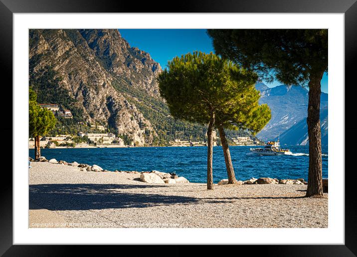 Limone Sul Garda - Beach view with boat Framed Mounted Print by Jonathan Campbell