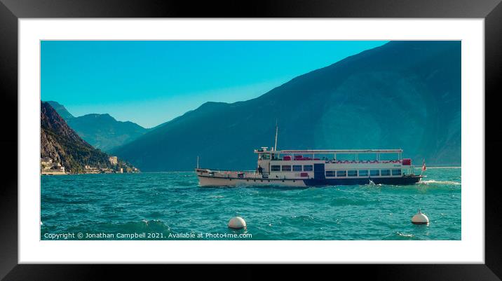 Limone Sul Garda - Lake view, moutains and boat Framed Mounted Print by Jonathan Campbell