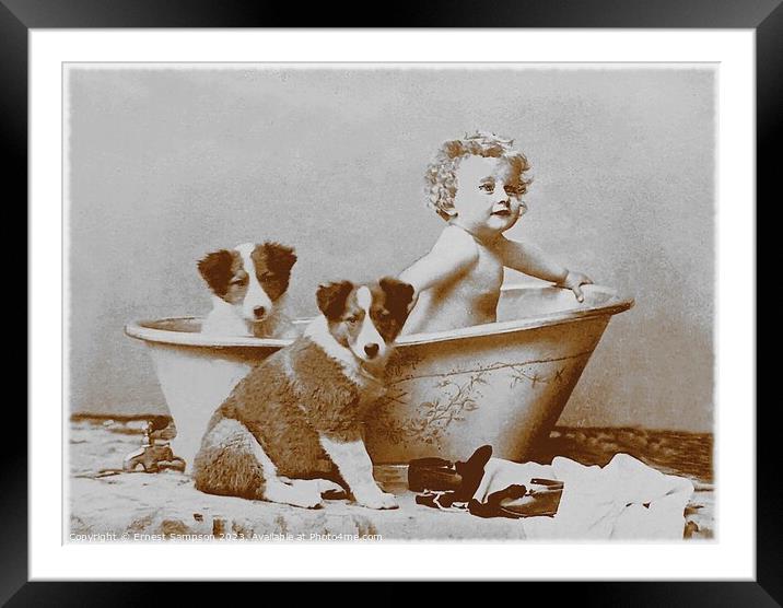 Two Dogs With Young Child In Bathtub . Framed Mounted Print by Ernest Sampson
