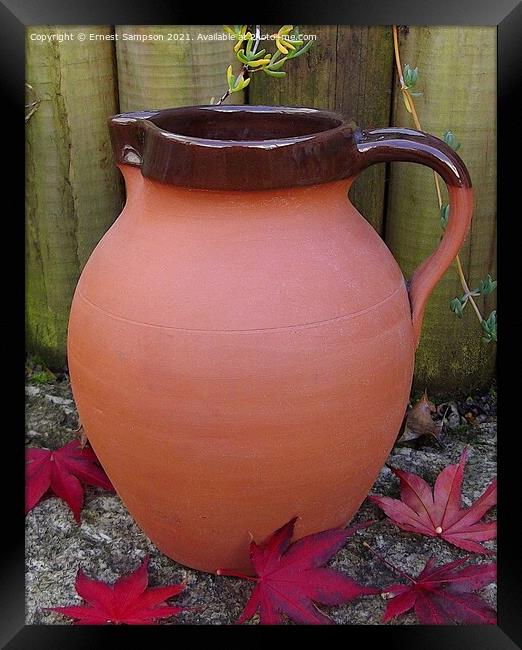 Large Studio Pottery Jug Surrounded By Acer leaves Framed Print by Ernest Sampson