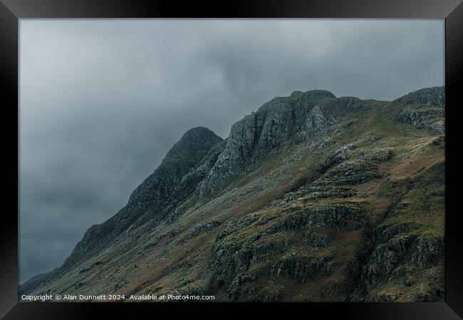 Langdale Pikes in shade Framed Print by Alan Dunnett