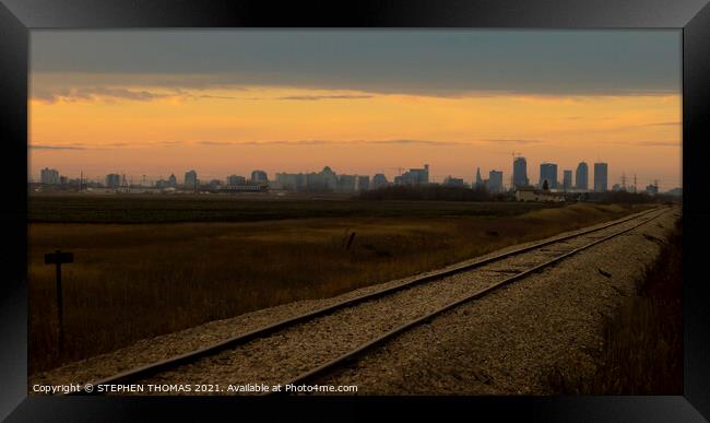 On the Tracks to Winnipeg at Sunset Framed Print by STEPHEN THOMAS