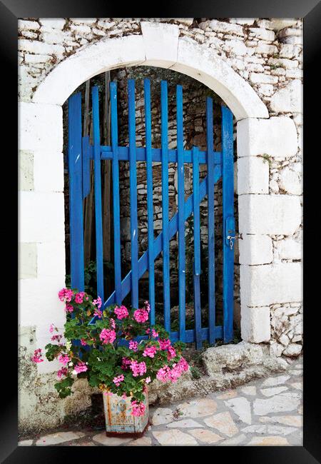 Old Blue Greek Door with flowers, Corfu, Greece Framed Print by Neil Overy