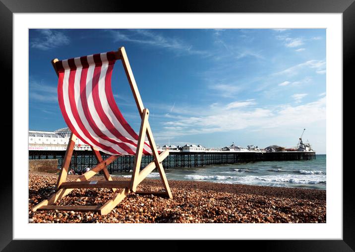 Striped Deckchair on Brighton Beach, England Framed Mounted Print by Neil Overy