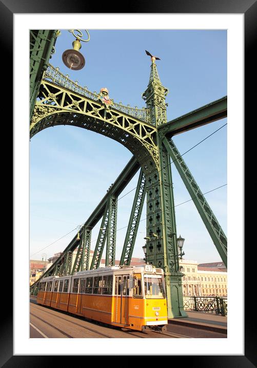 City Tram on Liberty Bridge or Freedom Bridge, Budapest, Hungary Framed Mounted Print by Neil Overy