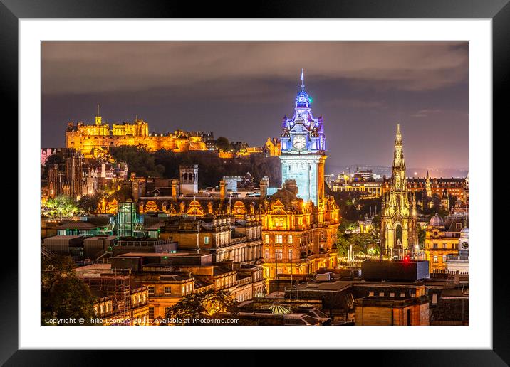 Edinburgh Scotland Skyline at Night. Framed Mounted Print by Philip Leonard