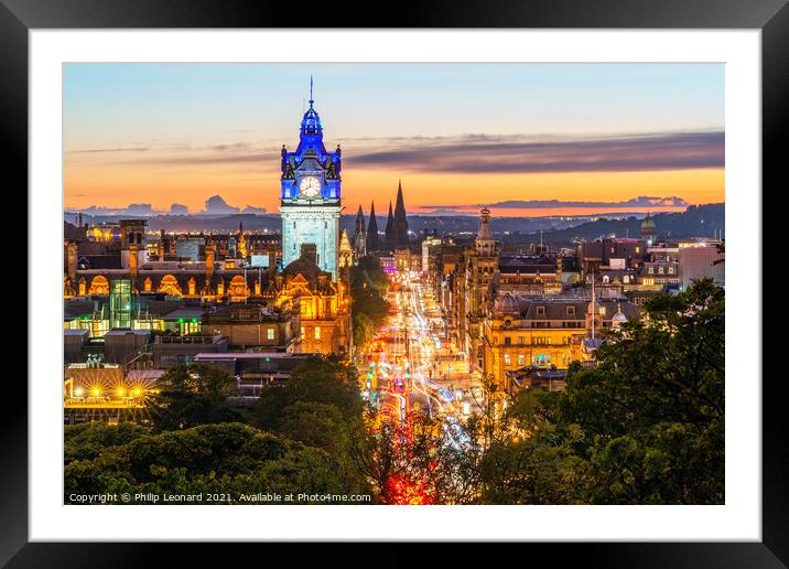 Princes Street View Edinburgh Scotland at Dusk. Framed Mounted Print by Philip Leonard