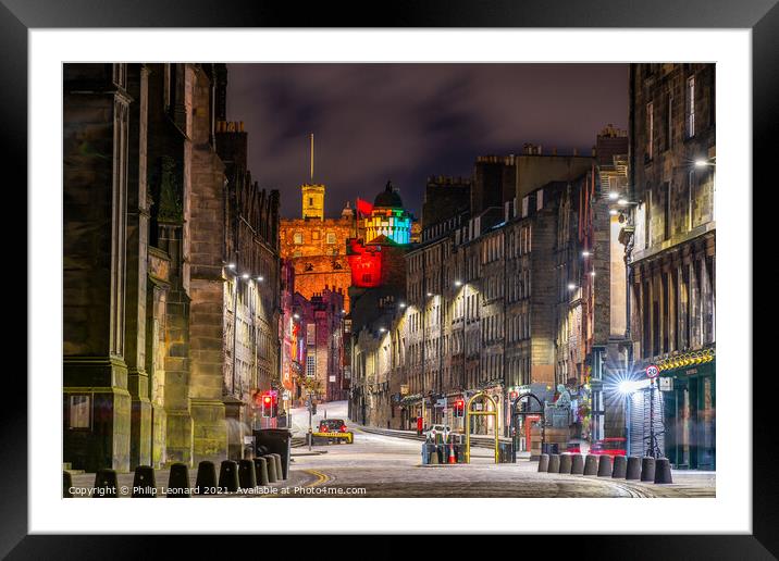 Royal Mile Edinburgh Scotland with Castle above. Framed Mounted Print by Philip Leonard